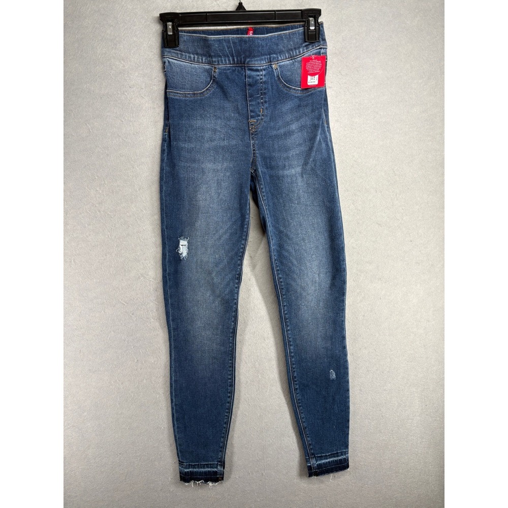SPANX Distressed Denim Leggings XS TP Blue Frayed Hem High Rise MSRP $128‎